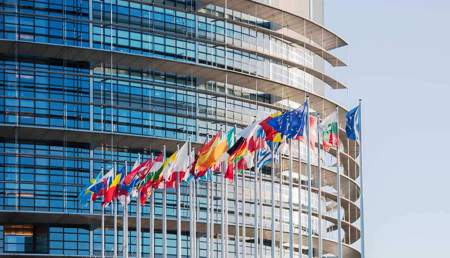 Image of EU country flags in front of building representing the new EU General Data Protection Regulation
