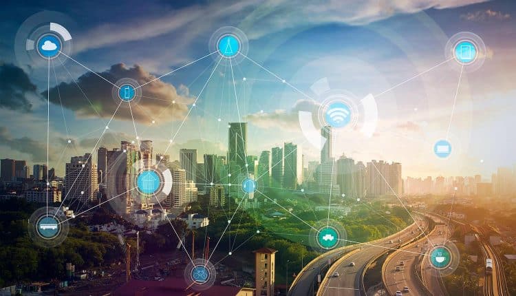 Image of city with overlay of connected devices representing the concern of data privacy for the internet of things