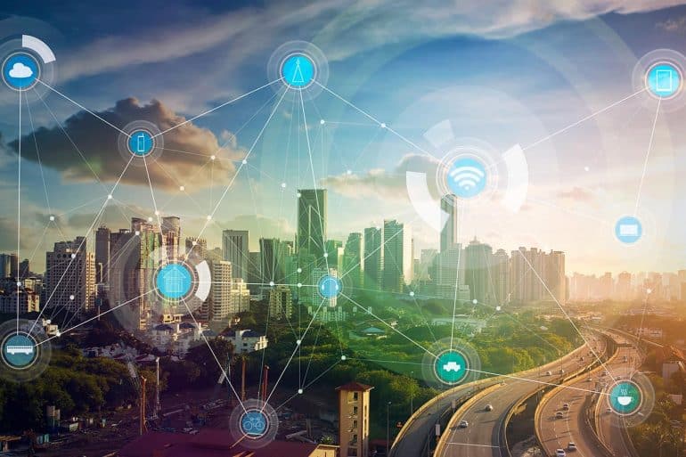 Image of city with overlay of connected devices representing the concern of data privacy for the internet of things