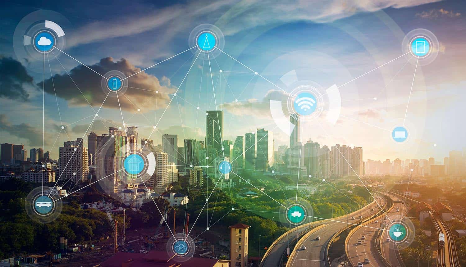 Image of city with overlay of connected devices representing the concern of data privacy for the internet of things
