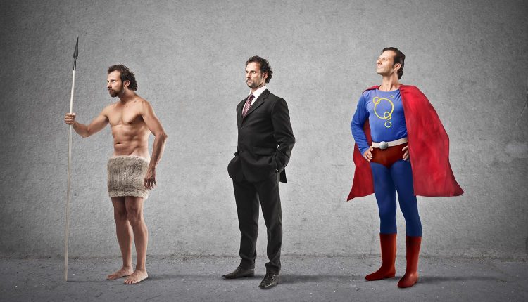 Image of caveman, businessman and superhero representing evolution of the role of the chief privacy officer in 2020