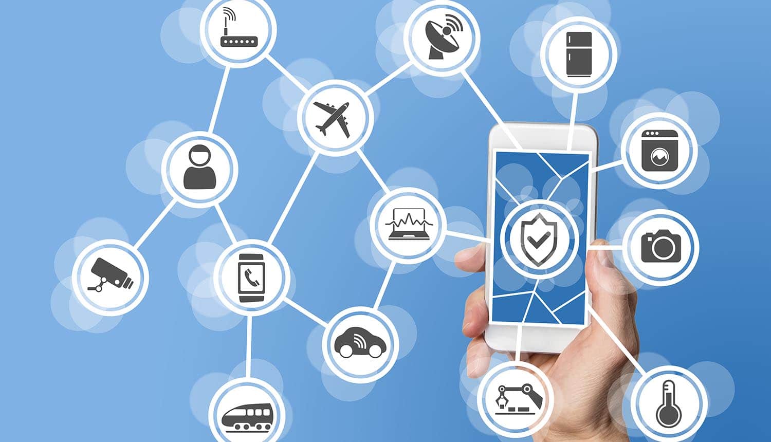 Image of mobile phone with protected icon and surrounded by devices representing how IoT security and privacy is tackled by the updated NIST 800-53
