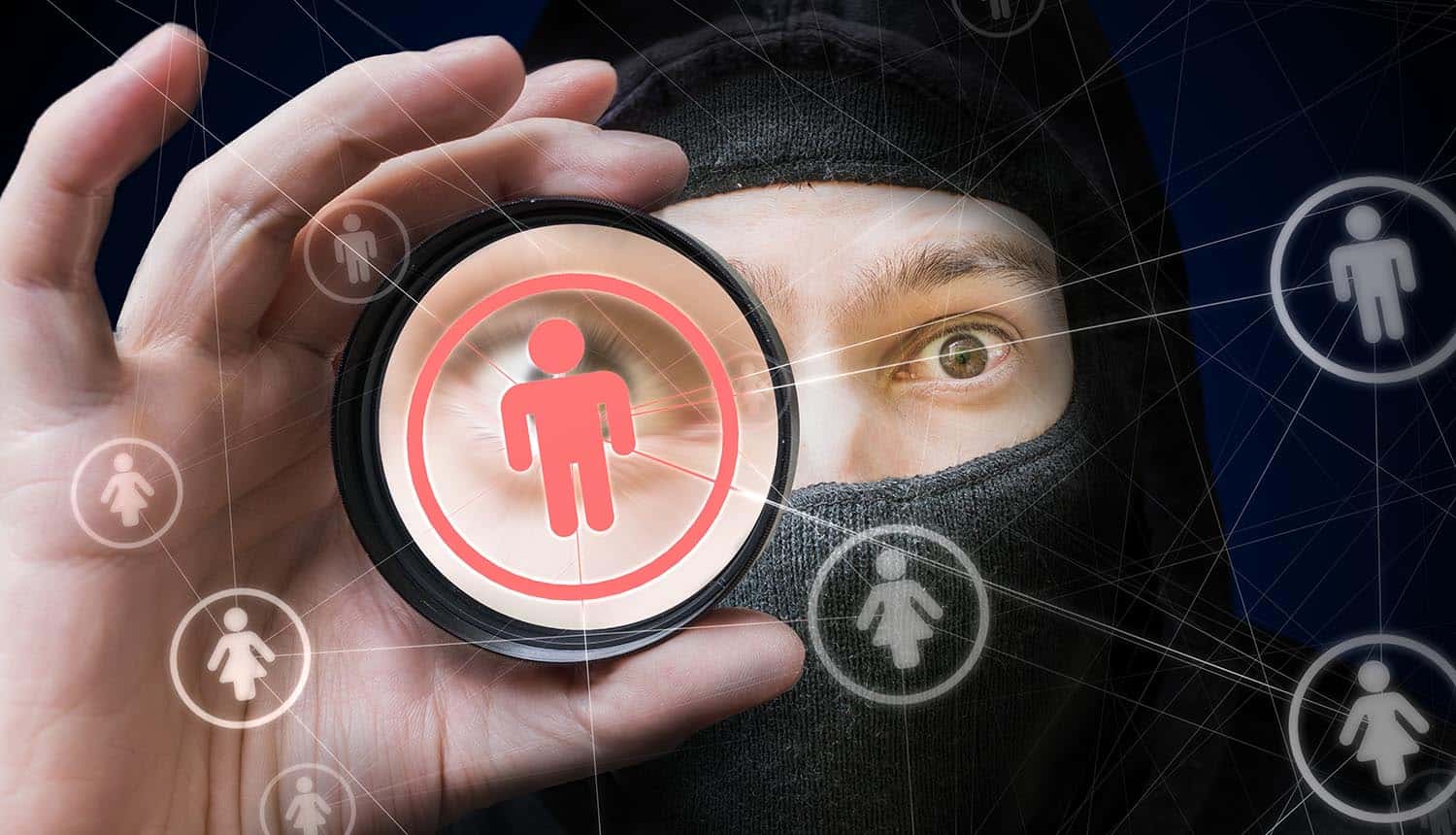 Image of hacker using lens on network of people icons representing why identity theft protection is necessary as shown by the Equifax breach