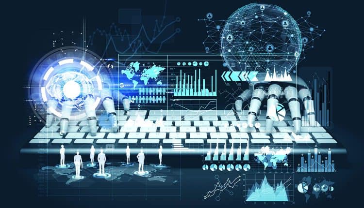 Image of robotic hands typing on a keyboard and surrounded by futuristic interface questioning the need for cyber security for machine learning technology