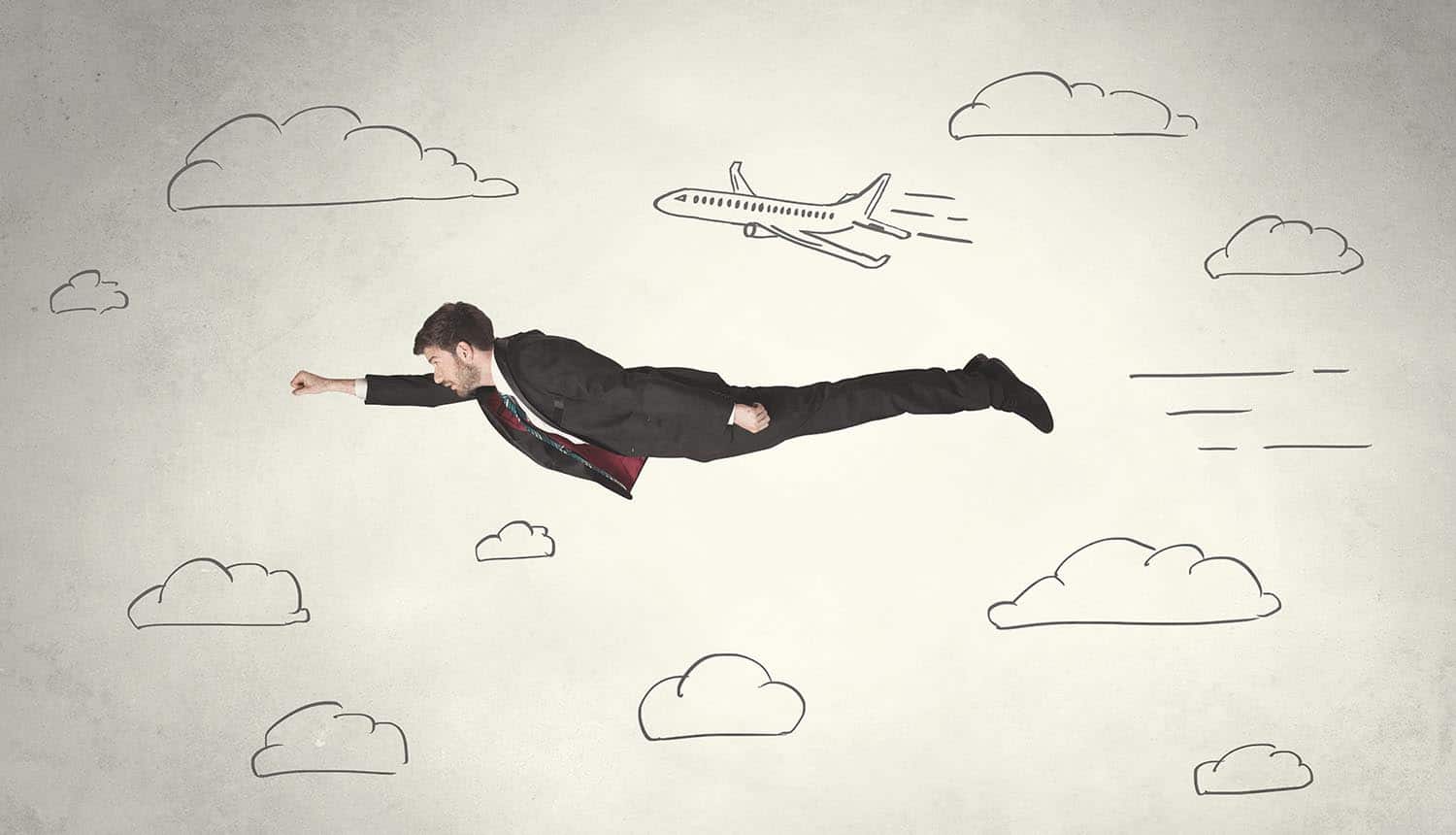 Cheerful business person flying between hand drawn sky clouds