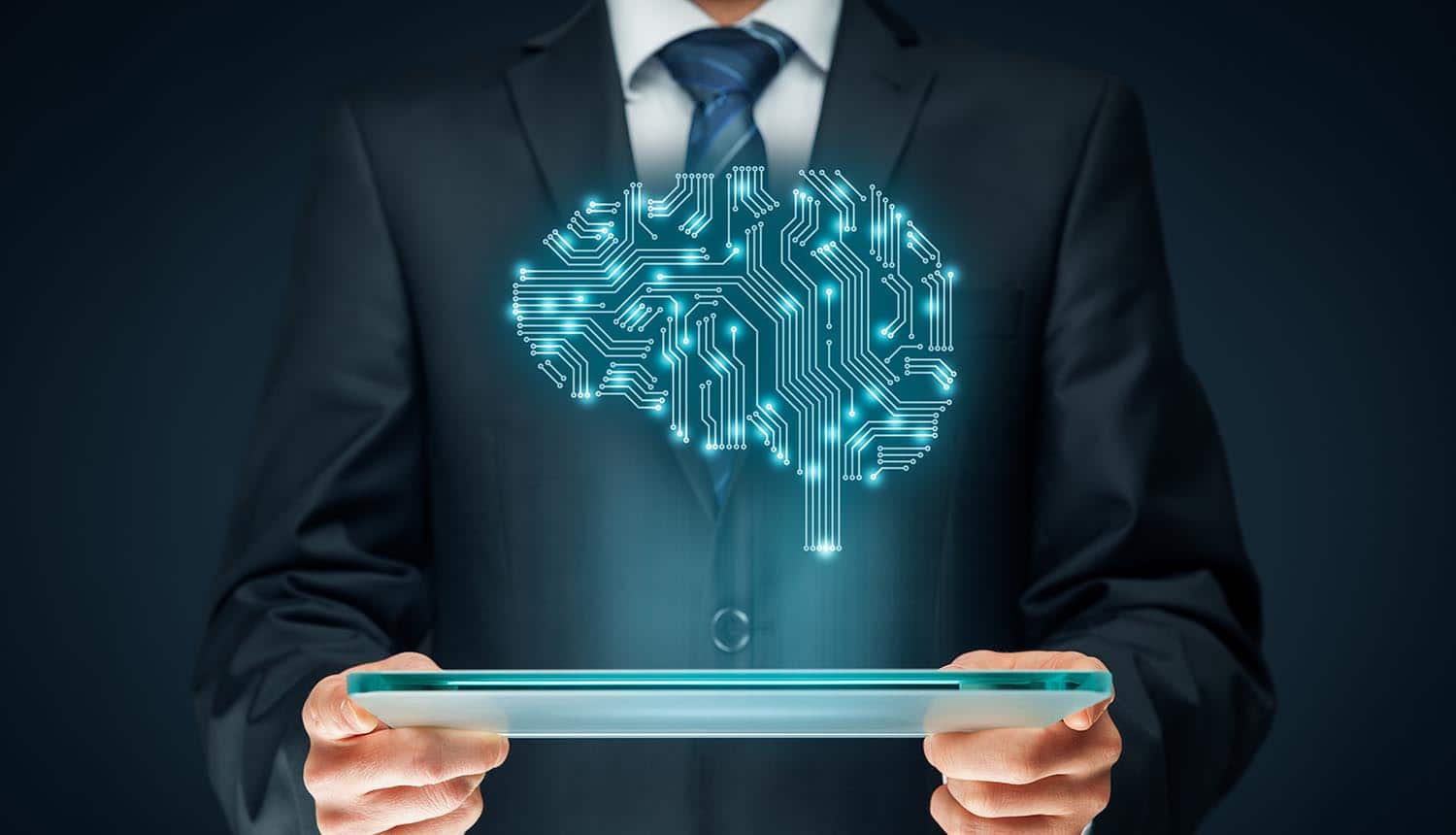 Image of man holding a tablet and an electronic brain projected above showing the concerns of AI and algorithms for EU GDPR compliance