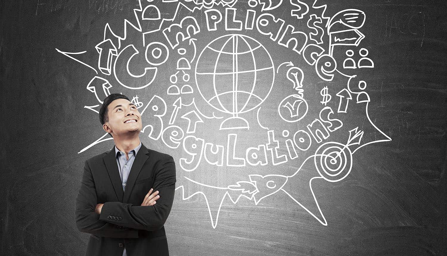 Image of man standing in front of wall with the words compliance and regulations to signify need for buying privacy software