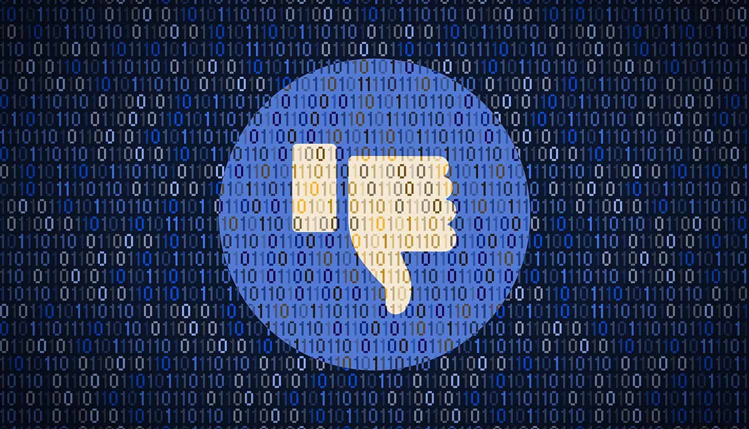 Image of inverted Facebook 'Like' icon against a backdrop of bits representing how action was not taken for security warnings from experts