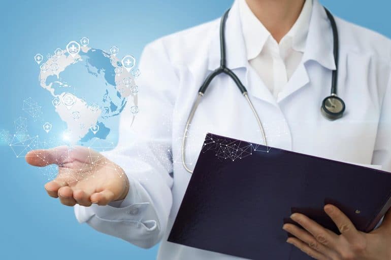 Image of woman with stethoscope and holding a report and connected globe signifying the internet health report with critical issues of Big Tech, fake news and IoT security