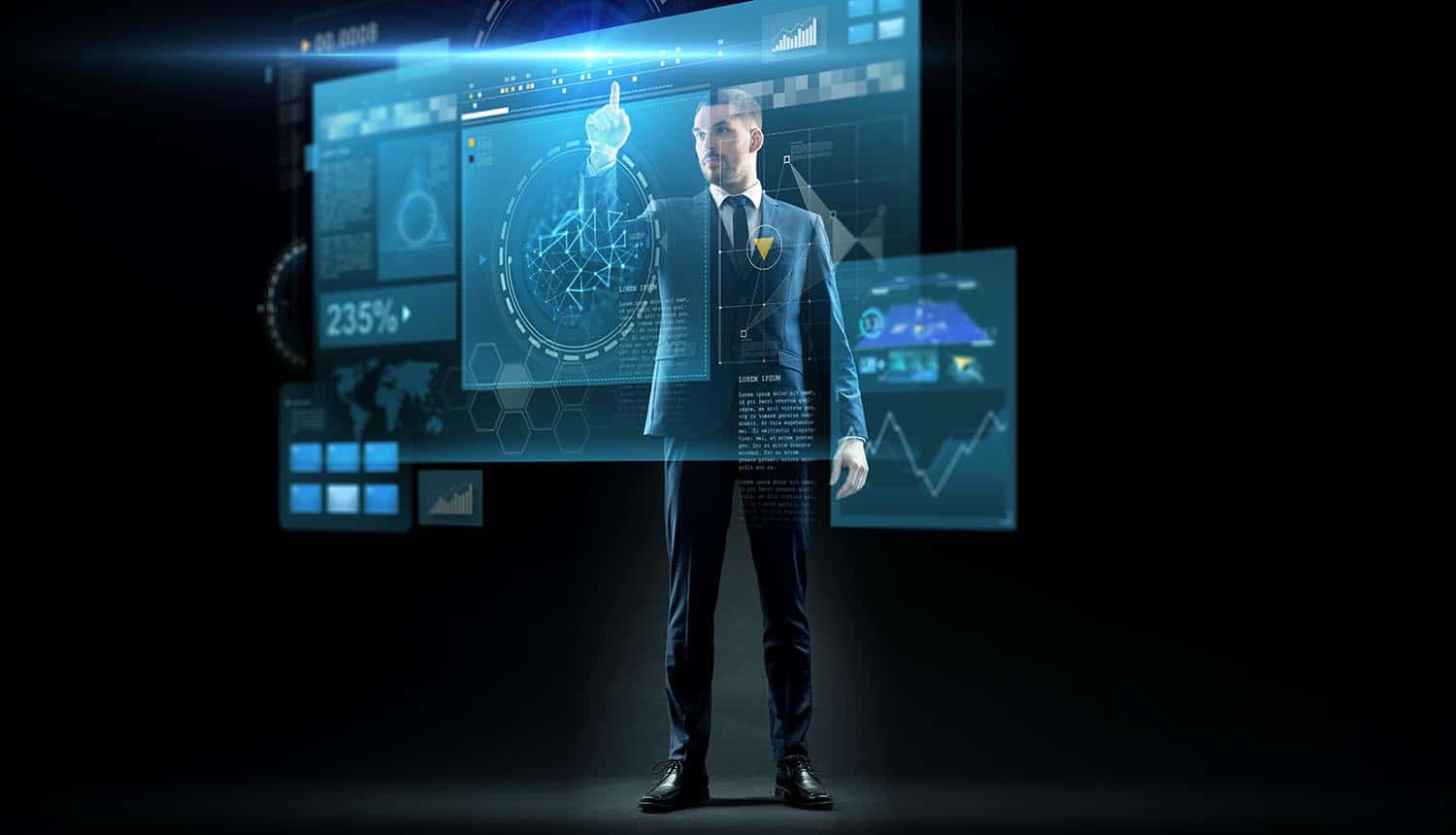 Businessman in suit touching virtual screen, performing data mining and analysis