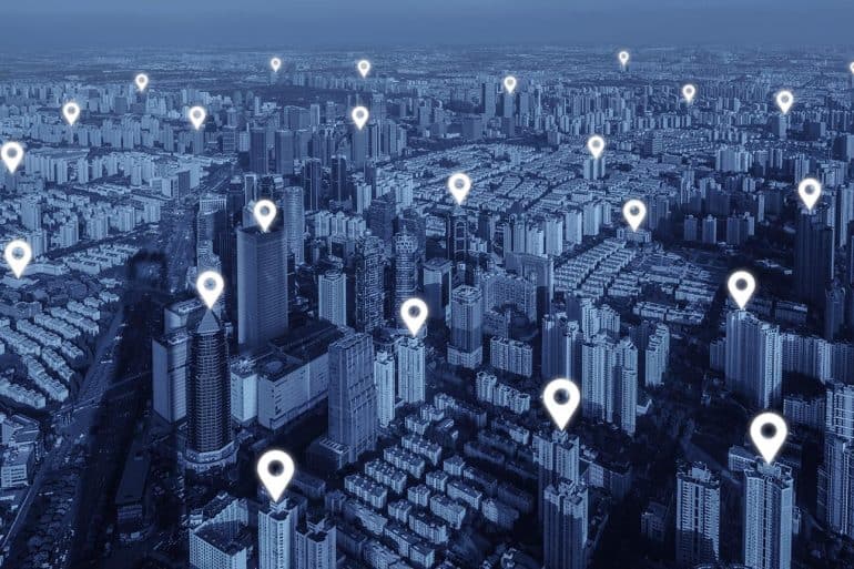 Map of location pins flat of network connection in city
