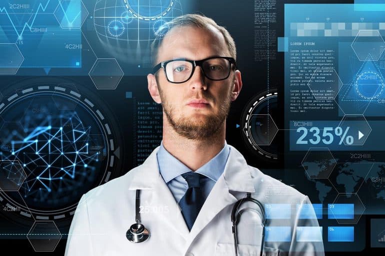 Doctor in white coat with stethoscope and virtual screens showing DNA analysis