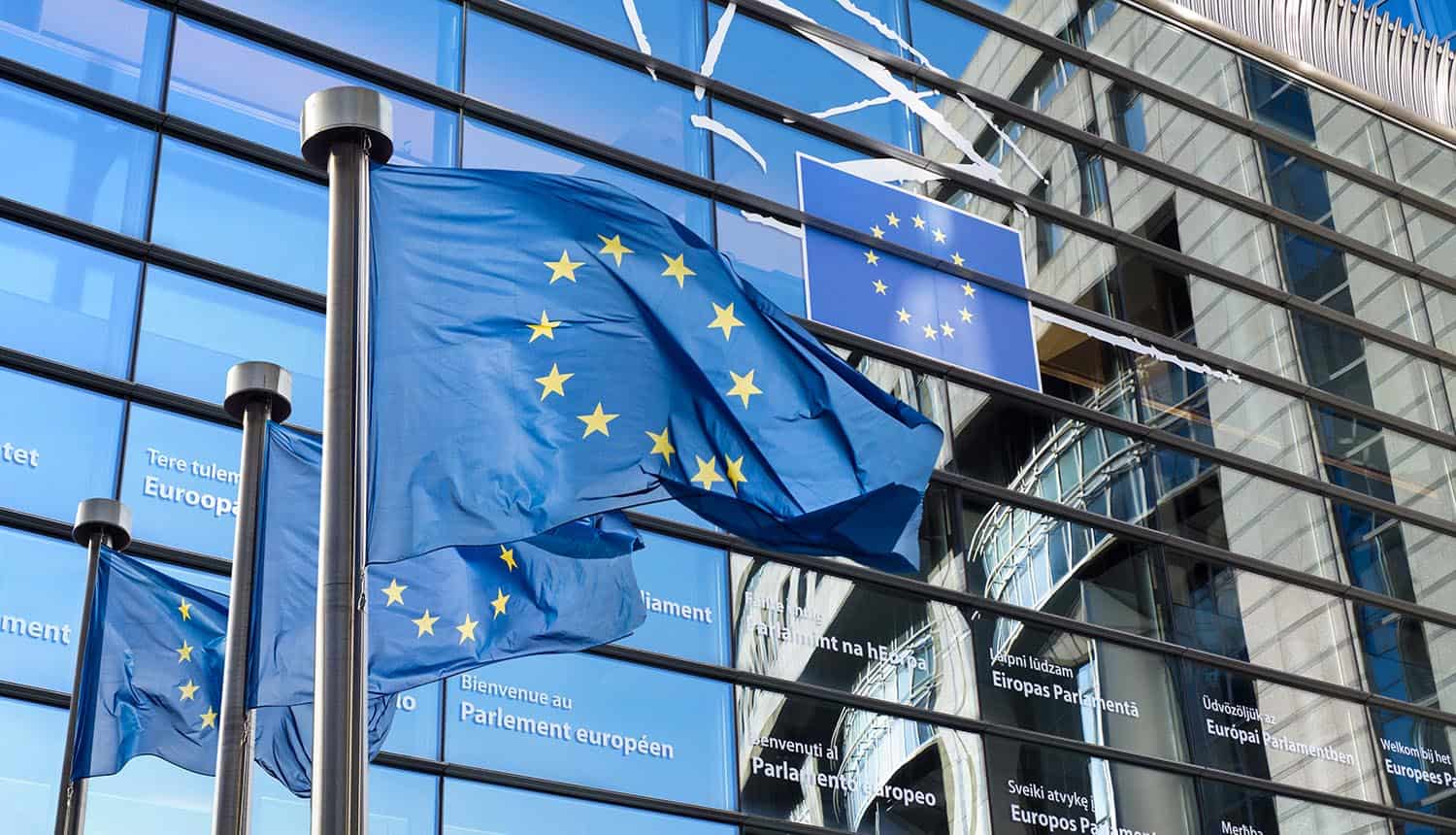 European Union flags in front of the European Parliament showing catch 22 of the GDPR