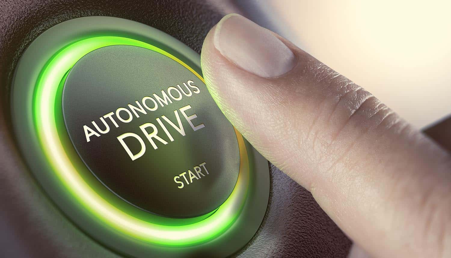 Finger pressing a push button to start an autonomous vehicle and shows the threat of hacking