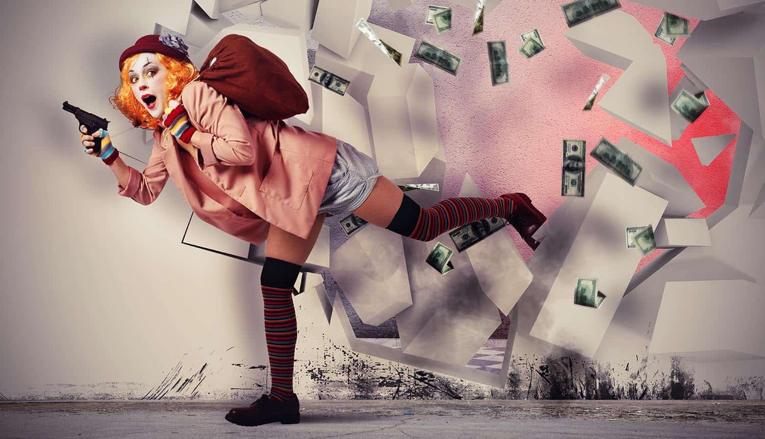 Woman in a clown suit runs off with money showing milennials getting tricked this halloween