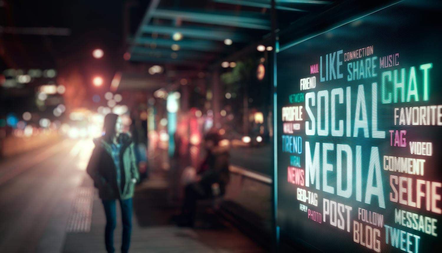 Electronic signage displaying word cloud of trending internet activities showing the need for a new internet charter, a magna carta