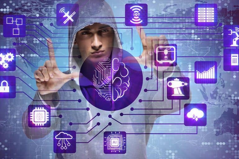 Man in hoodie manipulating artificial intelligence screen showing impact on cybersecurity