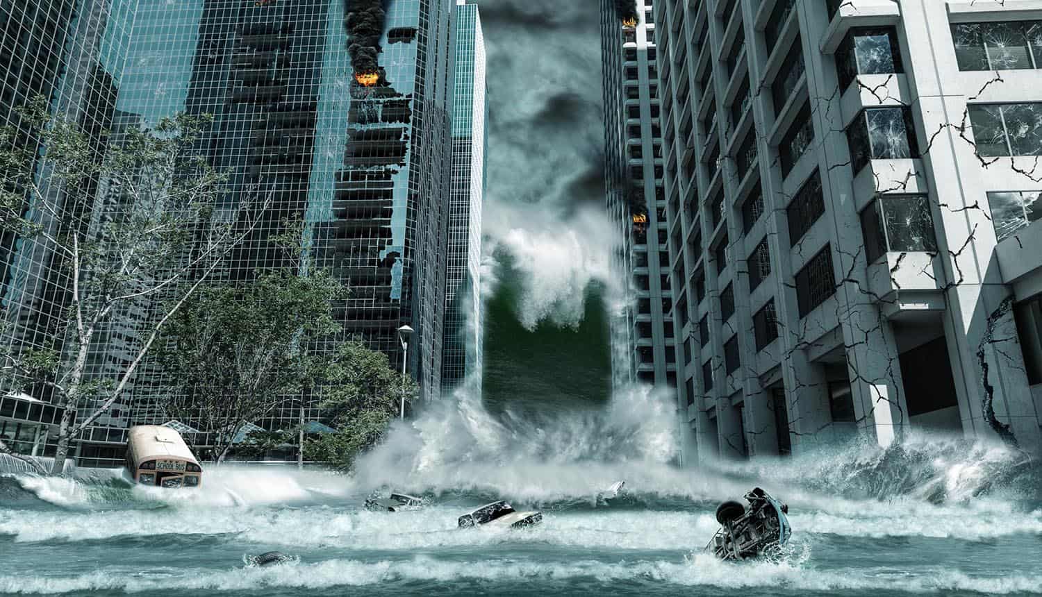 Portrayal of a city destroyed by tsunami waves showing need for effective business continuity plan