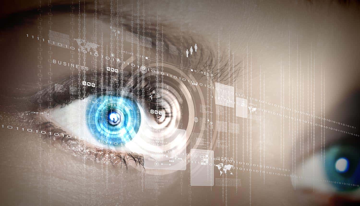 Eye viewing digital information represented by circles and signs showing the case for and against Digital ID