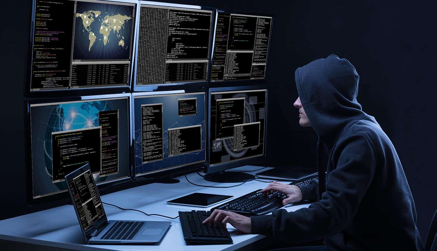 Rear View Of A Hacker Using Multiple Computers Showing Top Information Security Risks