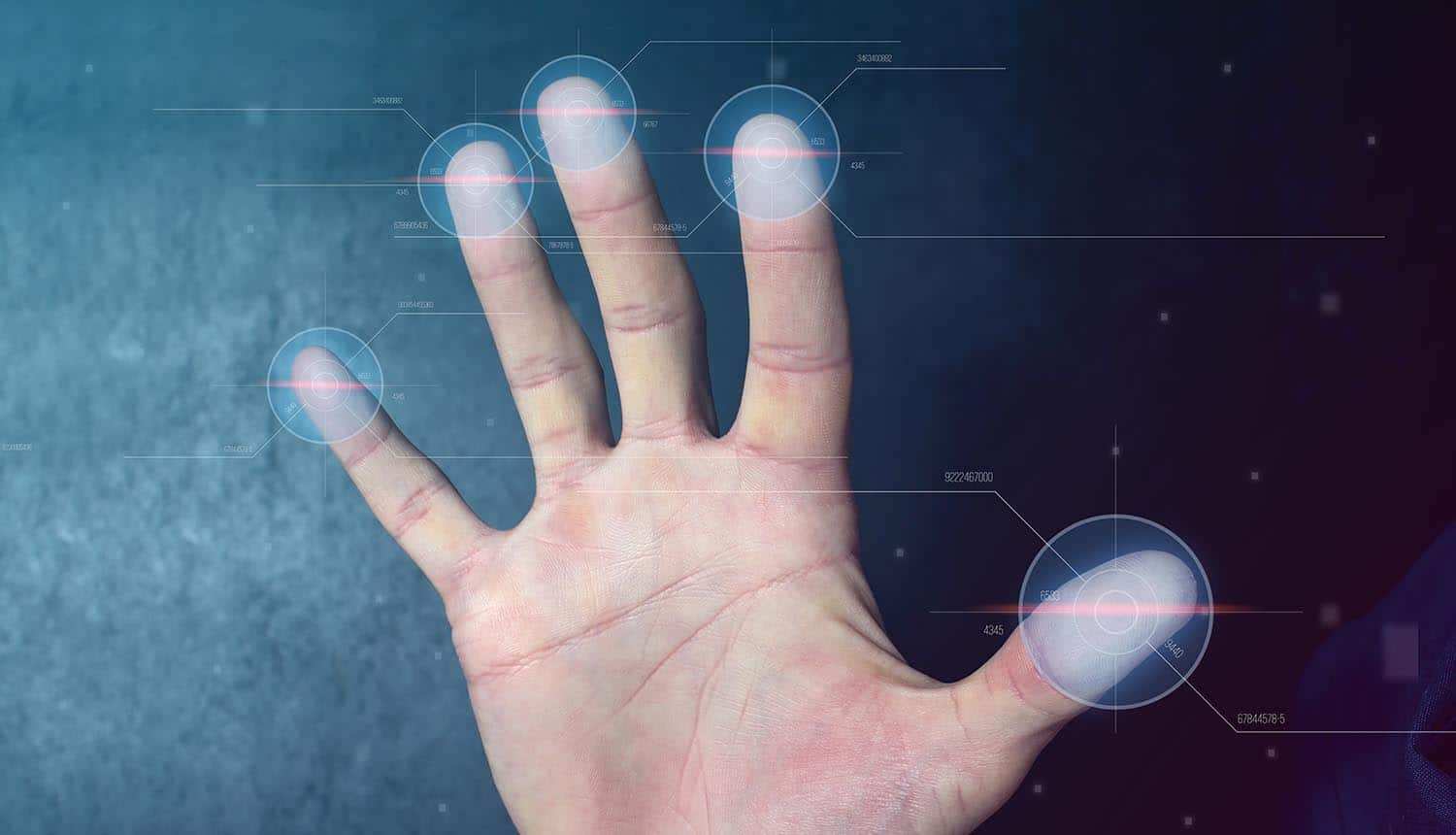 Man passing biometric identification with fingerprint scanner