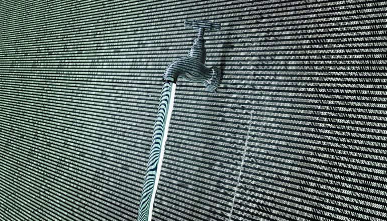 Concept of leaky software data with a tap sticking out showing largest email data breach in history