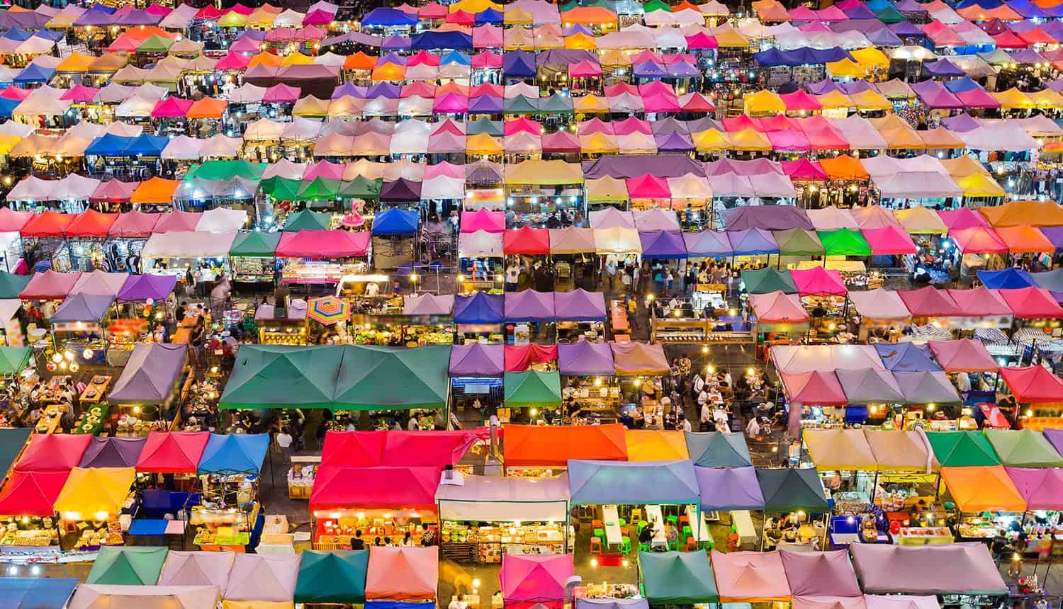 Top view multiple colour night market showing personal data marketplace might not be the best solution for data privacy
