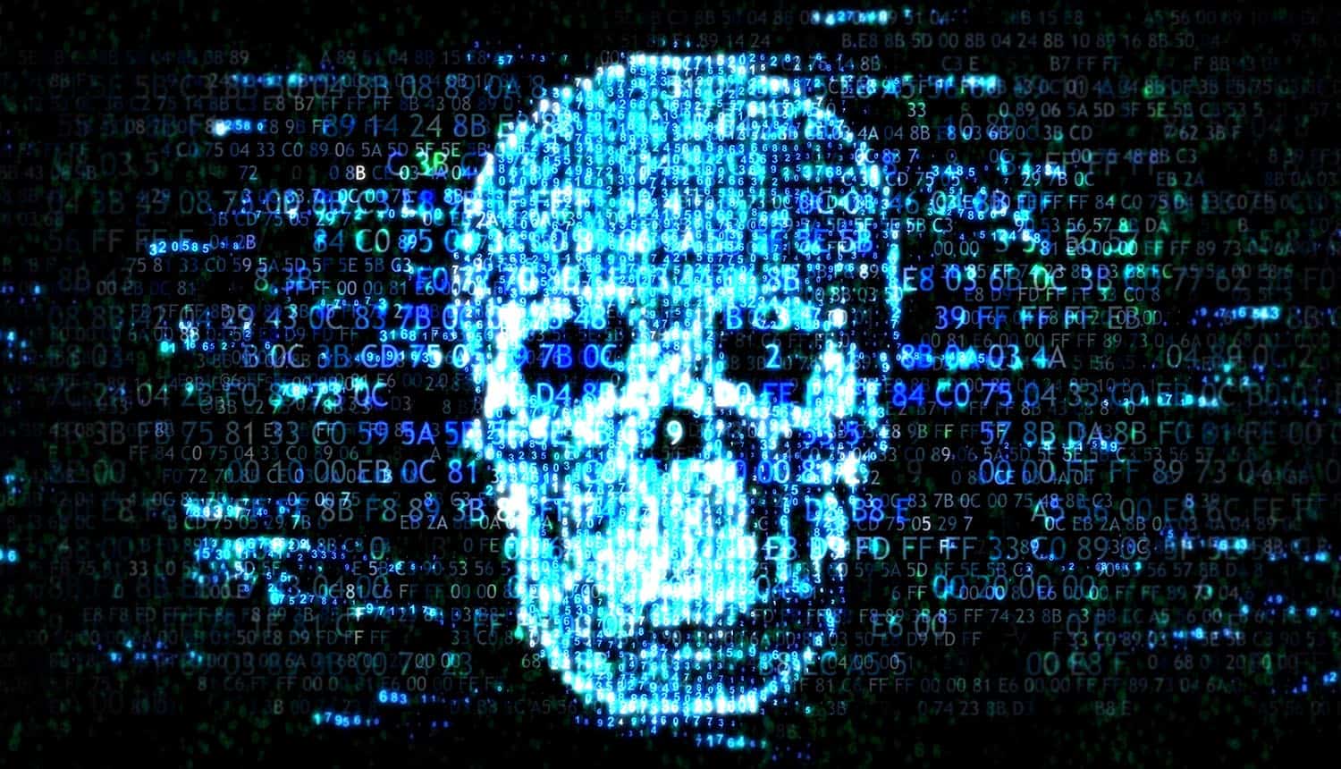 Skull against hexadecimals background showing an increase of ransomware attacks in spring 2019