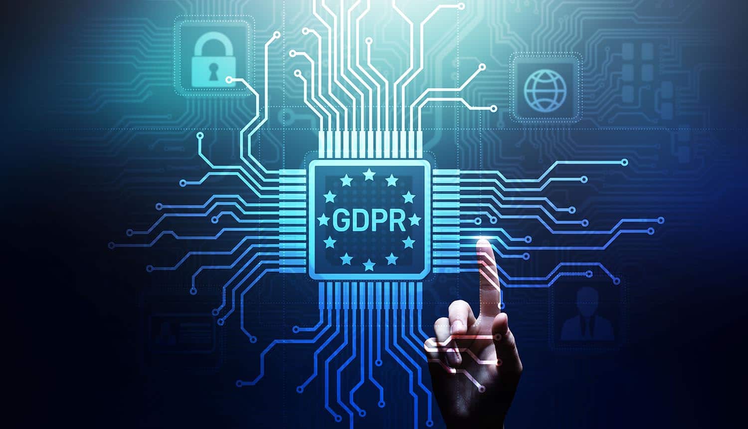 Finger touching GDPR logo showing small businesses may not be meeting the requirements of GDPR