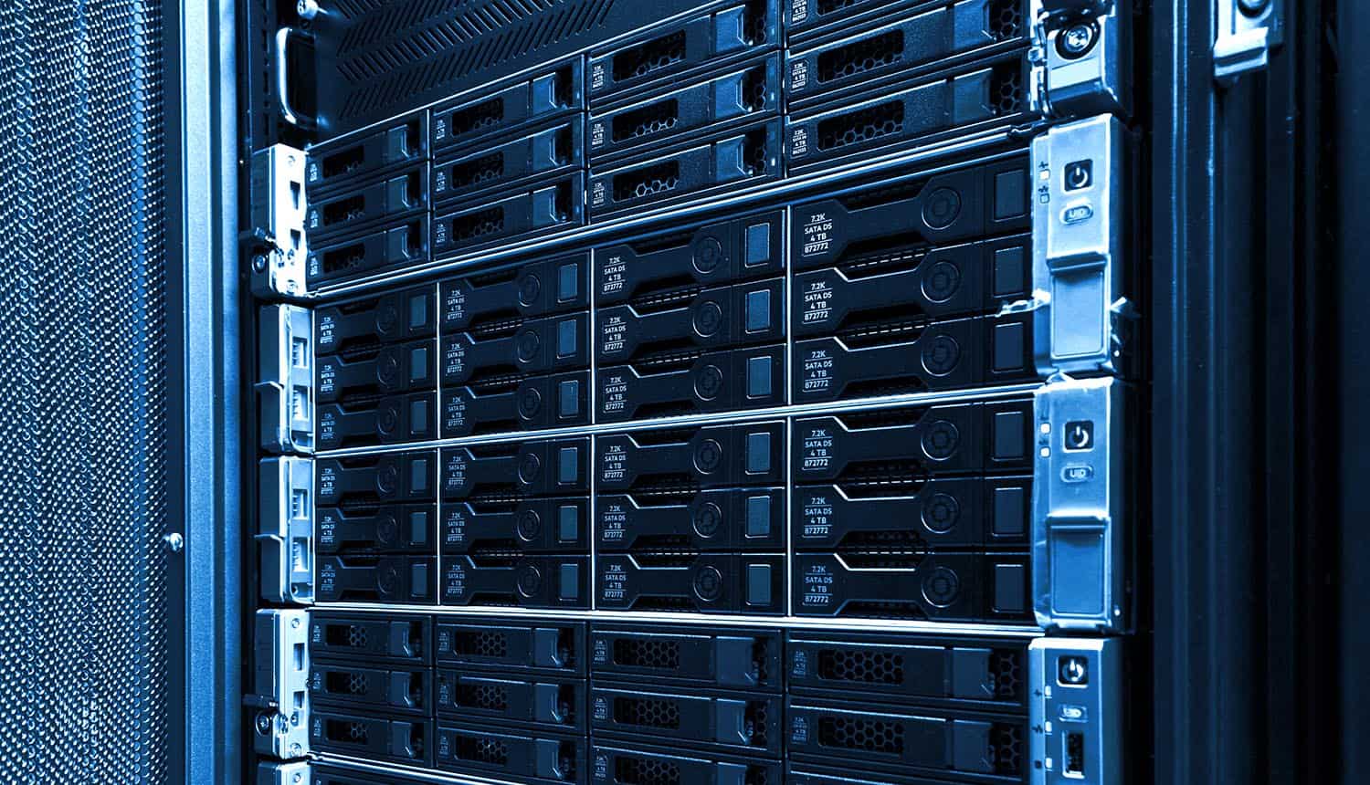 Storage rack in data centre showing third party data breach of 90 hotels’ security logs