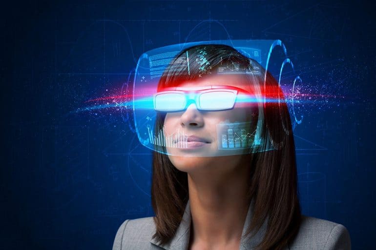 Woman with high tech smart glasses showing how movies can help you understand data privacy and hacking
