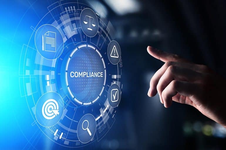 Finger touching compliance icon on virtual screen showing the six steps towards a sustainable CCPA compliance program
