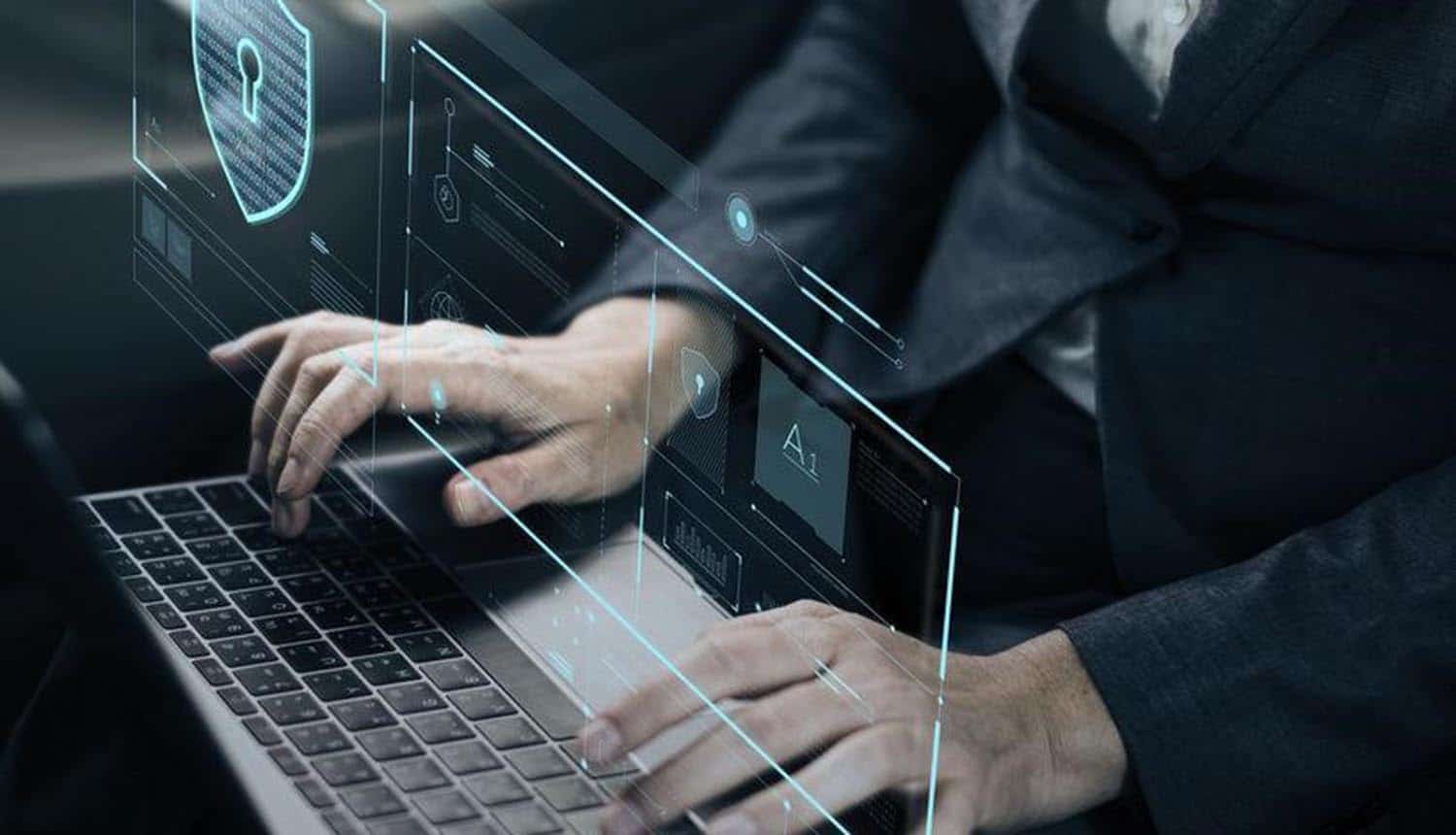 Man typing on keyboard with screen showing lock and AI showing how RPA can be used for cybersecurity