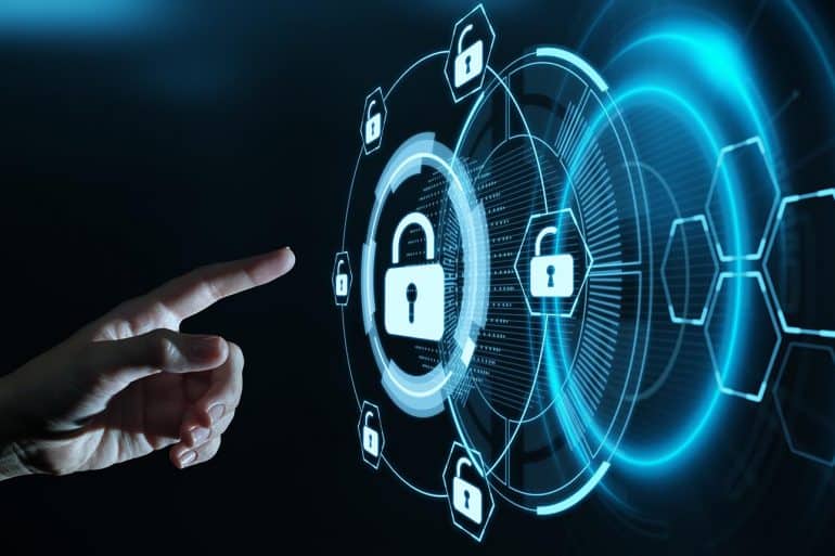 Finger pressing padlock icon on virtual screen showing the importance of encryption in a data retention world