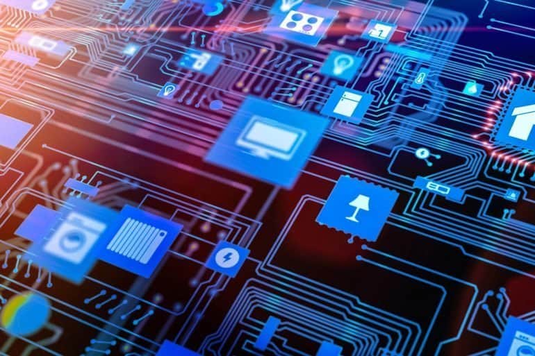 Smart home device icons on virtual motherboard showing the outreach of California’s new IoT security law