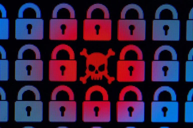 Skull surrounded by padlocks showing Johannesburg as the latest victim to ransomware attacks on cities