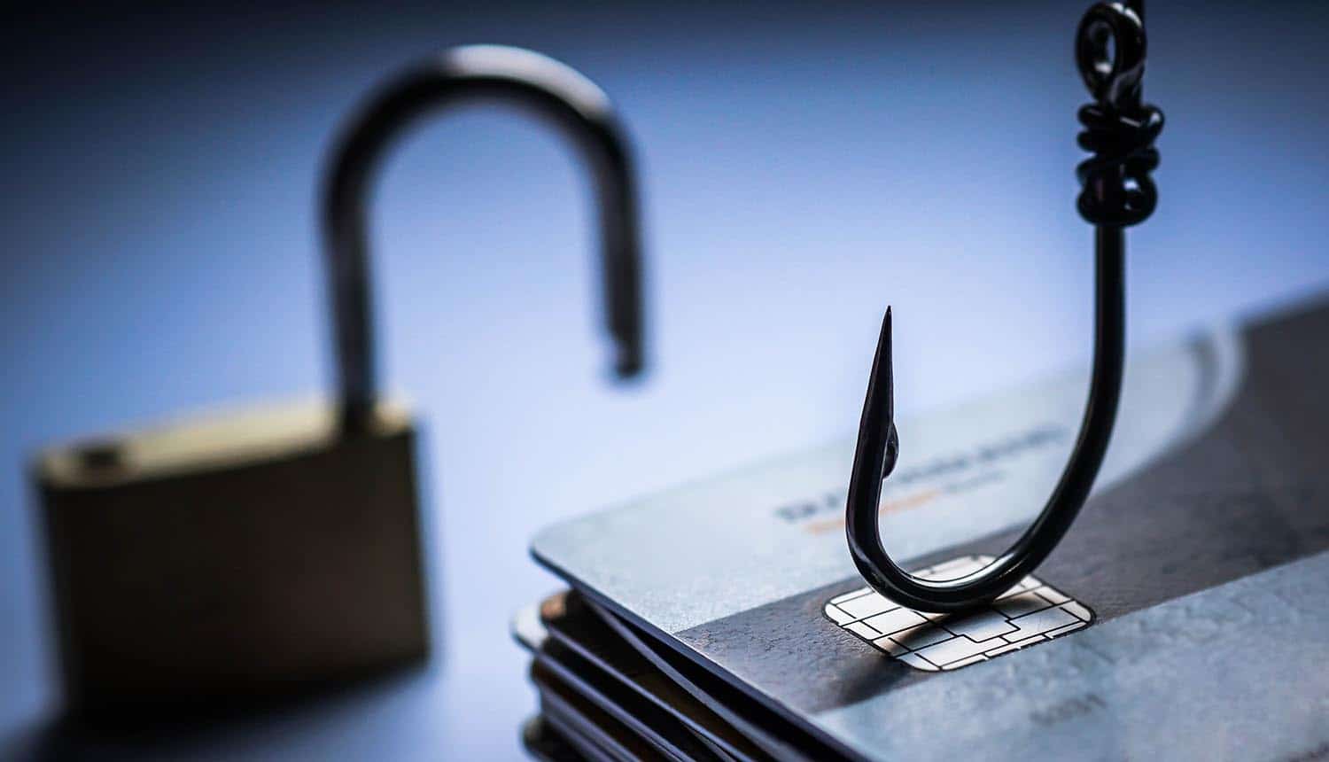 Fishing hook and unlocked padlock showing strategy needed for phishing