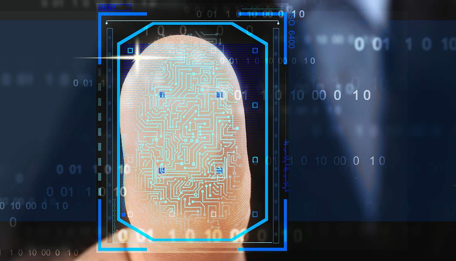Businessman pressing control glass of biometric fingerprint scanner showing NYPD fingerprint database infected with ransomware by third party contractor