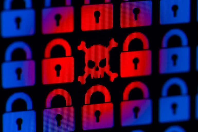 Skull icon with padlock icons showing the top 10 ransomware stories in 2019