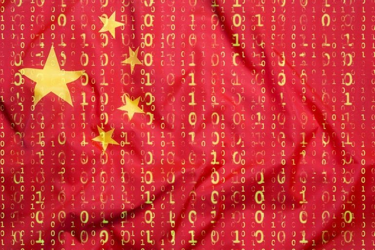 Binary code on China flag showing the tightening of 41 apps as part of data collection crackdown by Chinese government