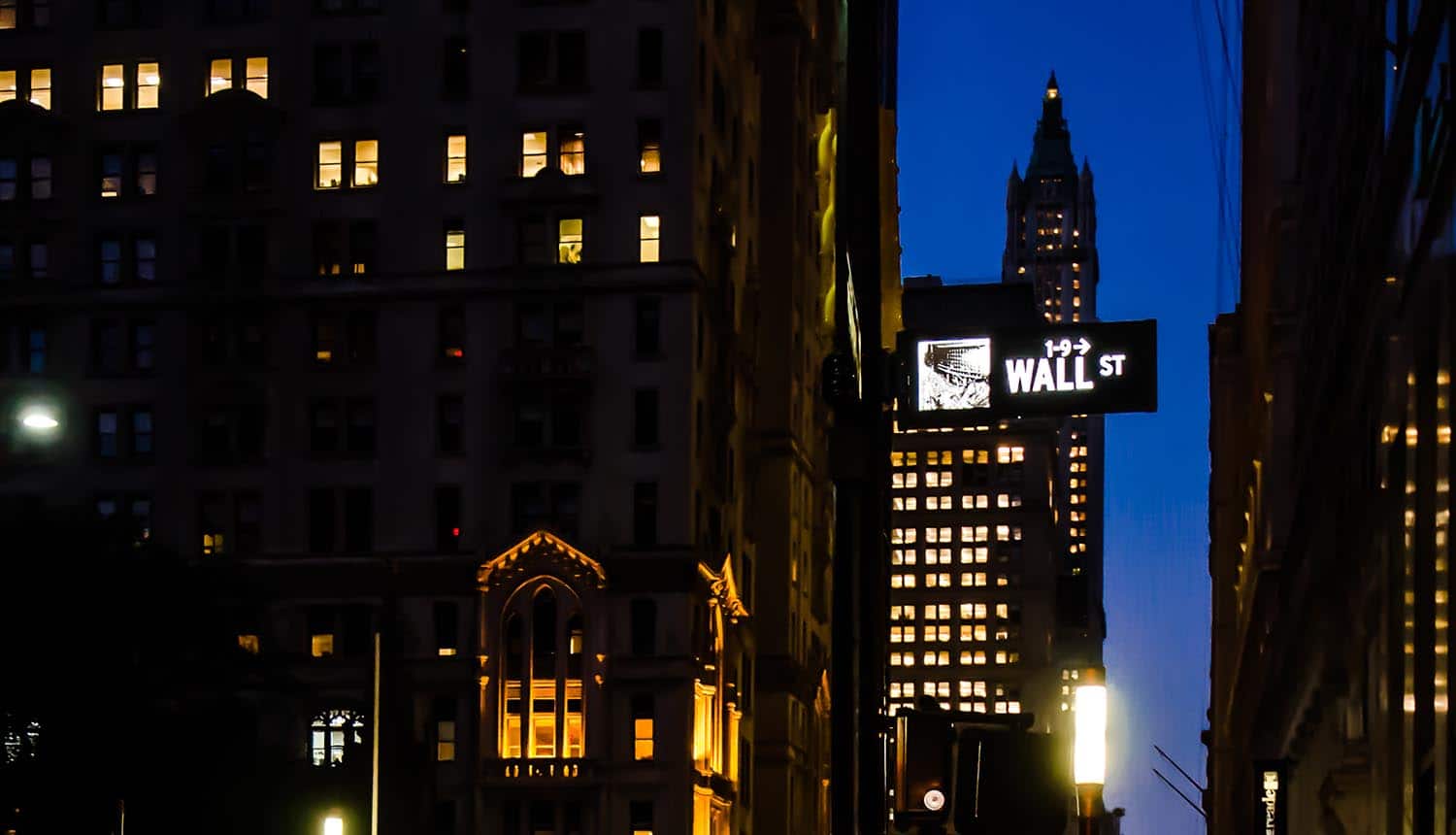 Wall Street signboard in night showing financial services companies lack plans to address privacy risks