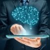 Man holding tablet with virtual brain showing the guideline from Council of Europe for algorithmic decision making