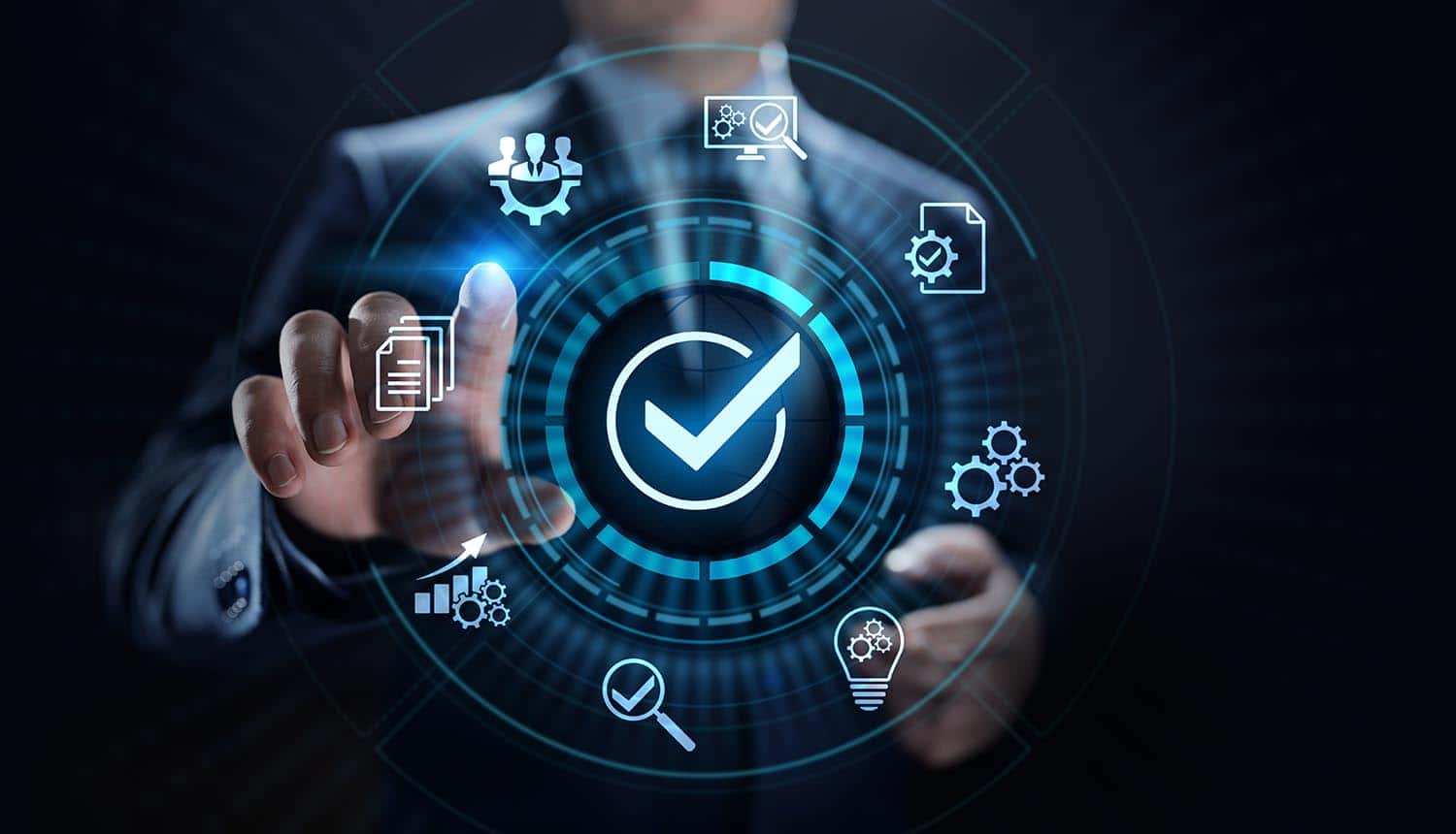 Man touching virtual screen with technology icons showing how enterprise should prepare for CCPA