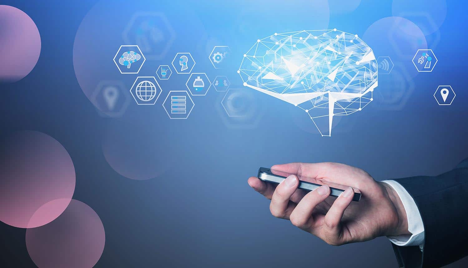 Hand of man in suit holding smartphone with glowing brain hologram showing new AI guidelines from FTC