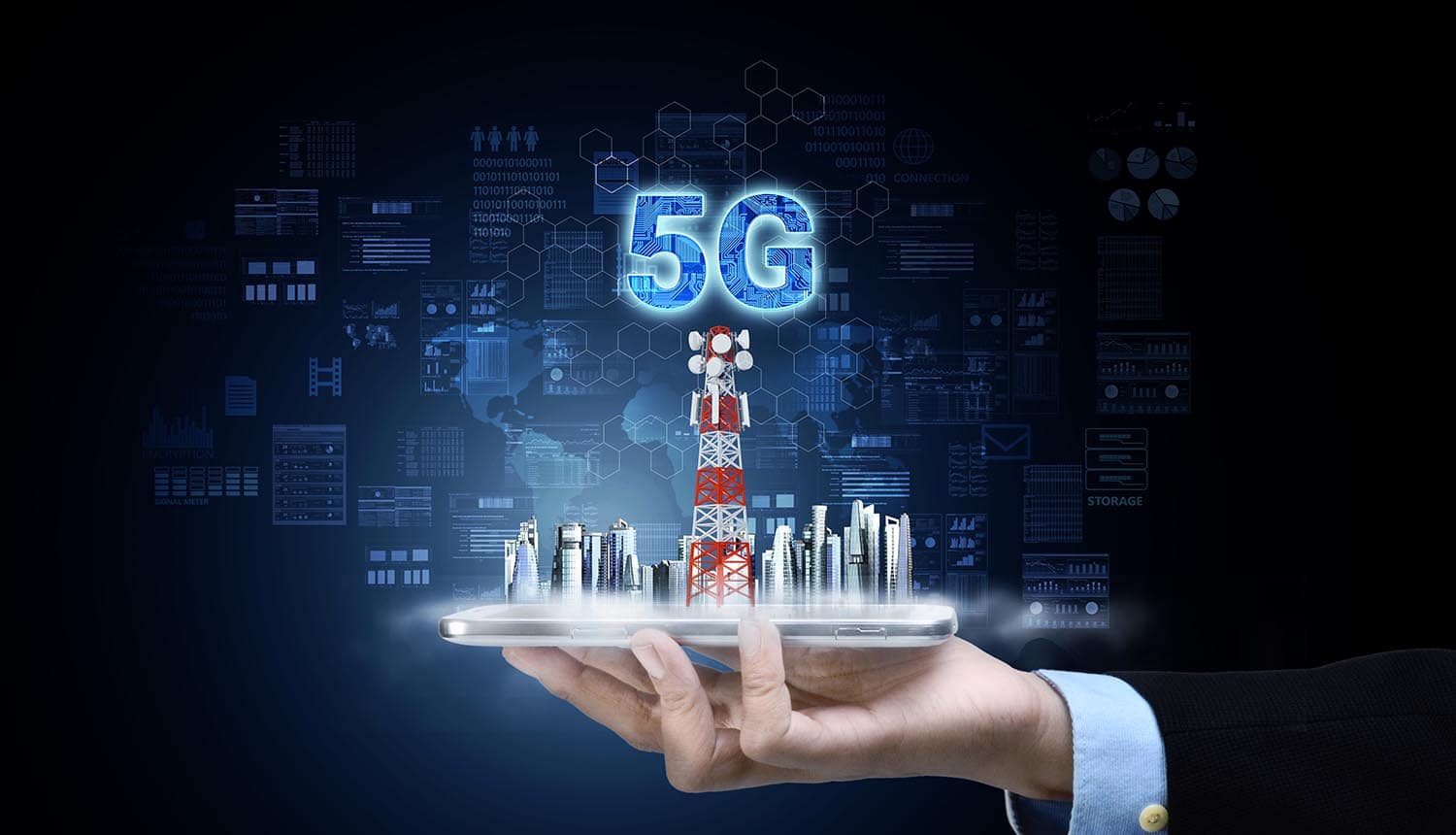 5G icon on virtual technology screen showing the survey results of consumer sentiments towards 5G technology acceptance