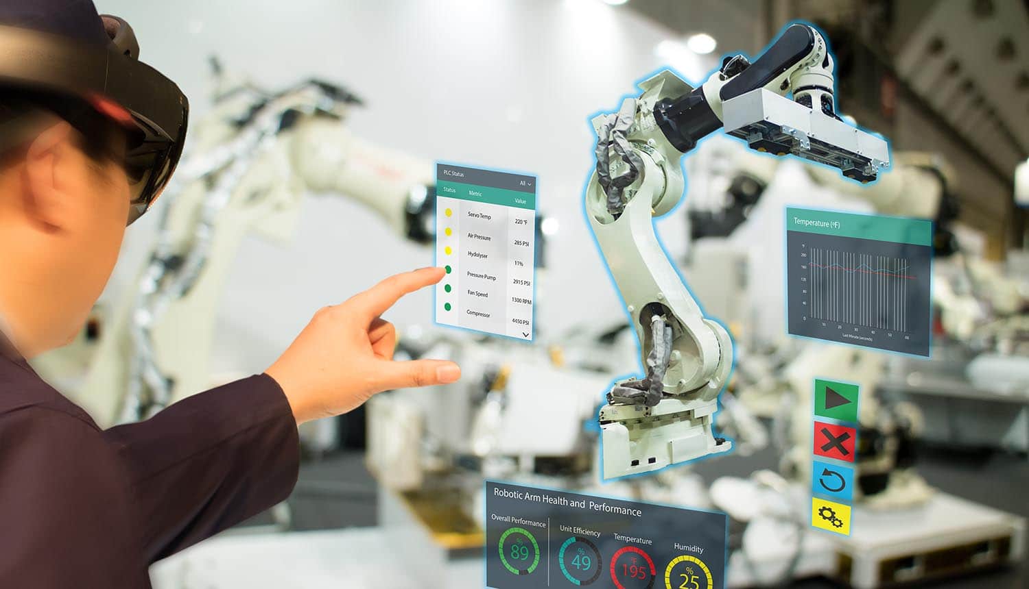 Engineer using AR device to work on machine showing the cyber threats of AR technology