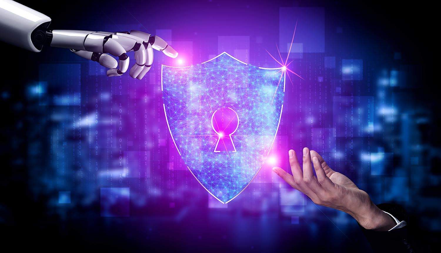 Robot hand and human hand touching data protection icon showing how AI could stop the largest potential cyber attack in history