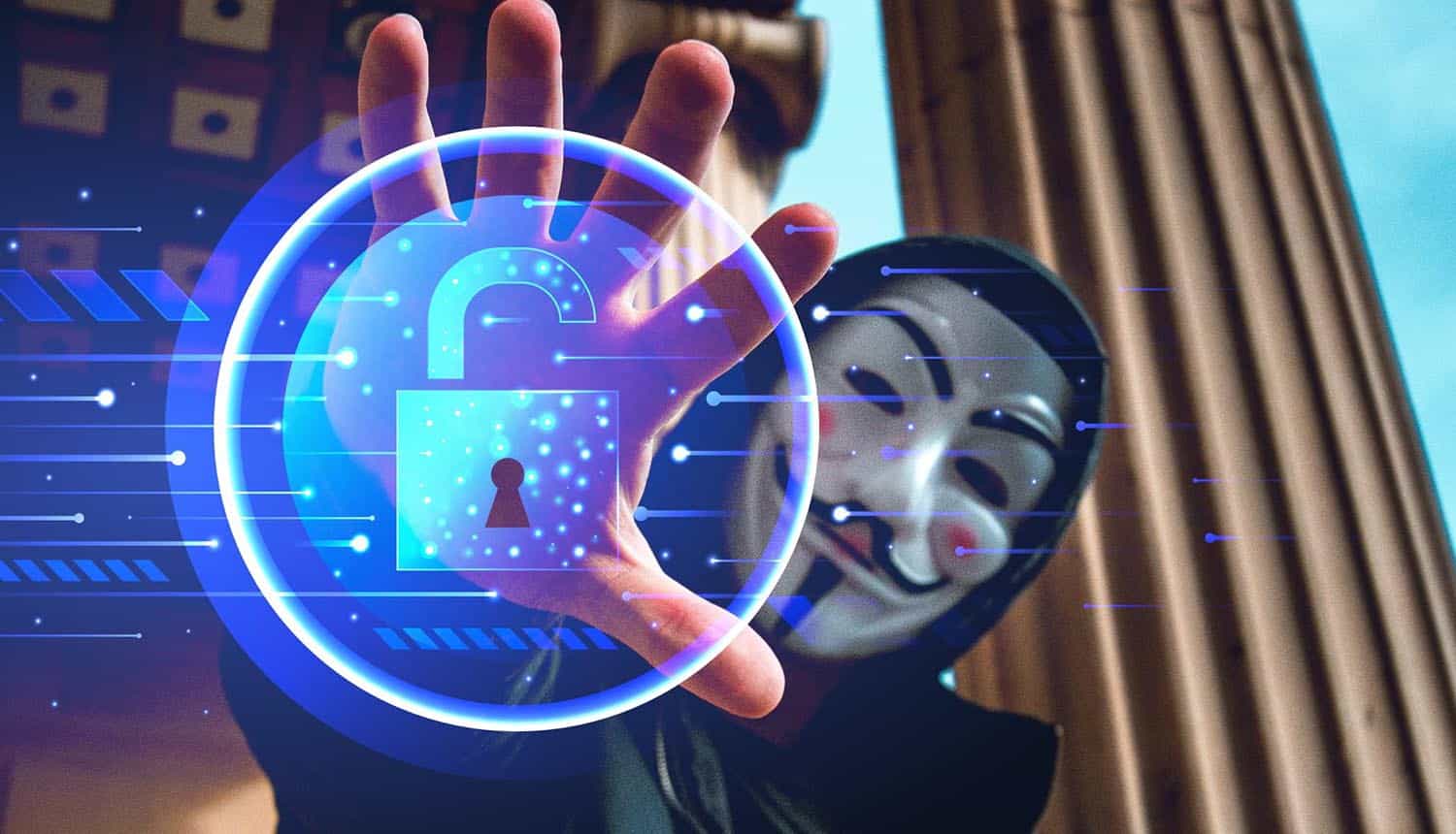 Hacker grabbing virtual lock showing dangers of fake VPNs