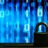 Closed padlock in front of blue floating binary code showing need for data security
