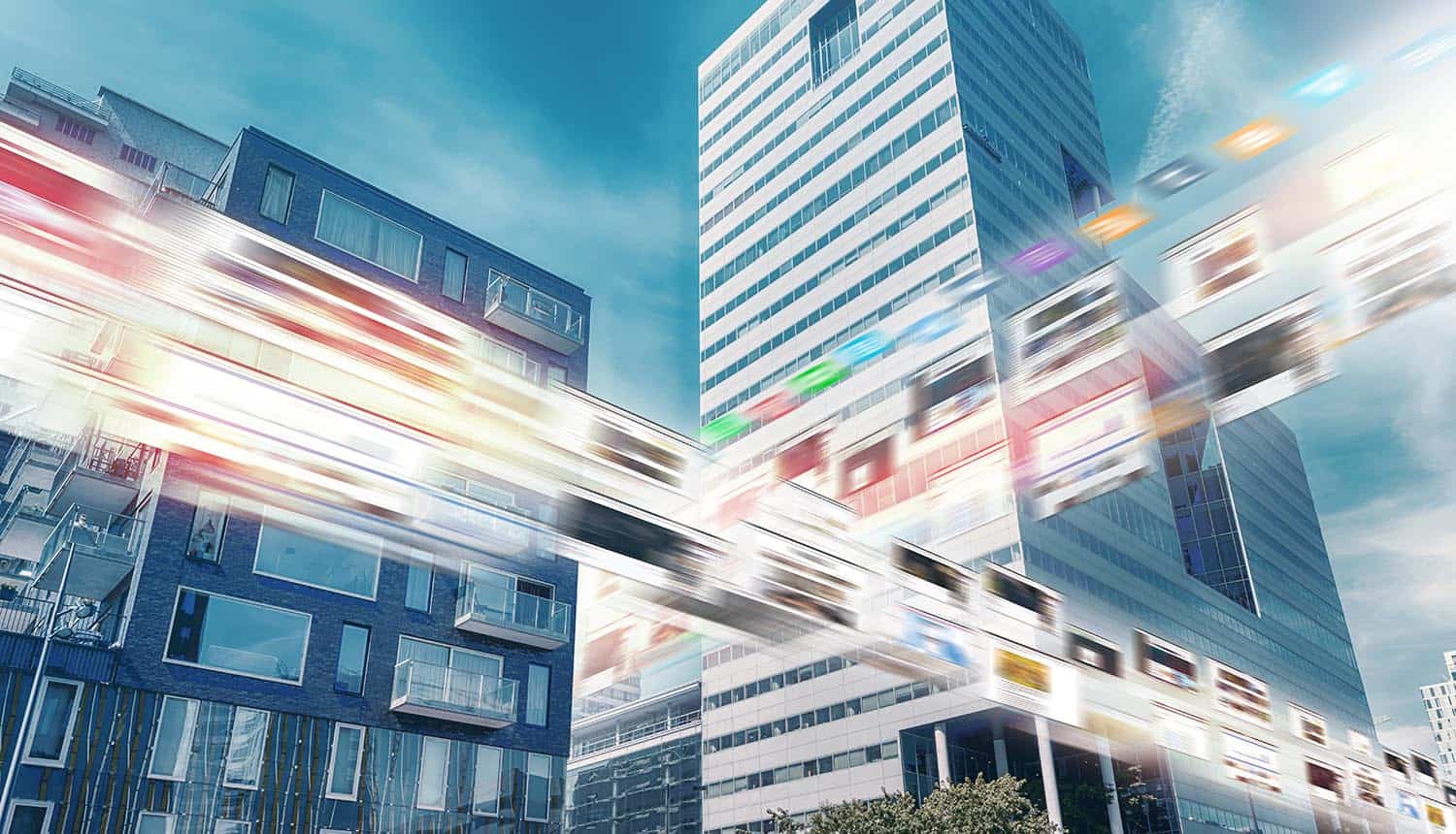 Network digital hologram on city background showing negative view of Big Tech